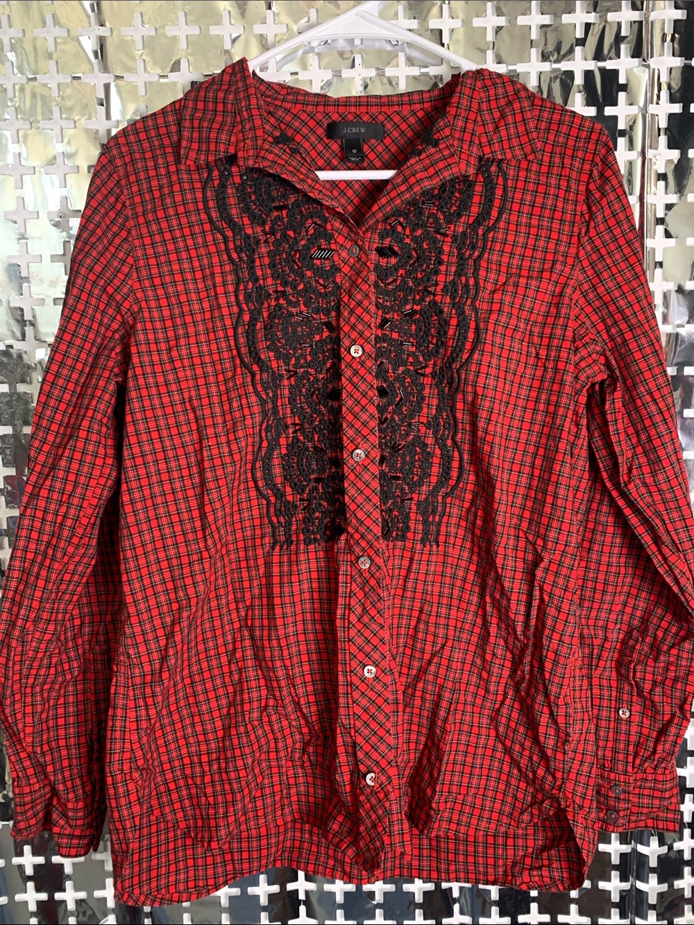 J. Crew Red and Black Plaid Button-Down Shirt with Lace Bib